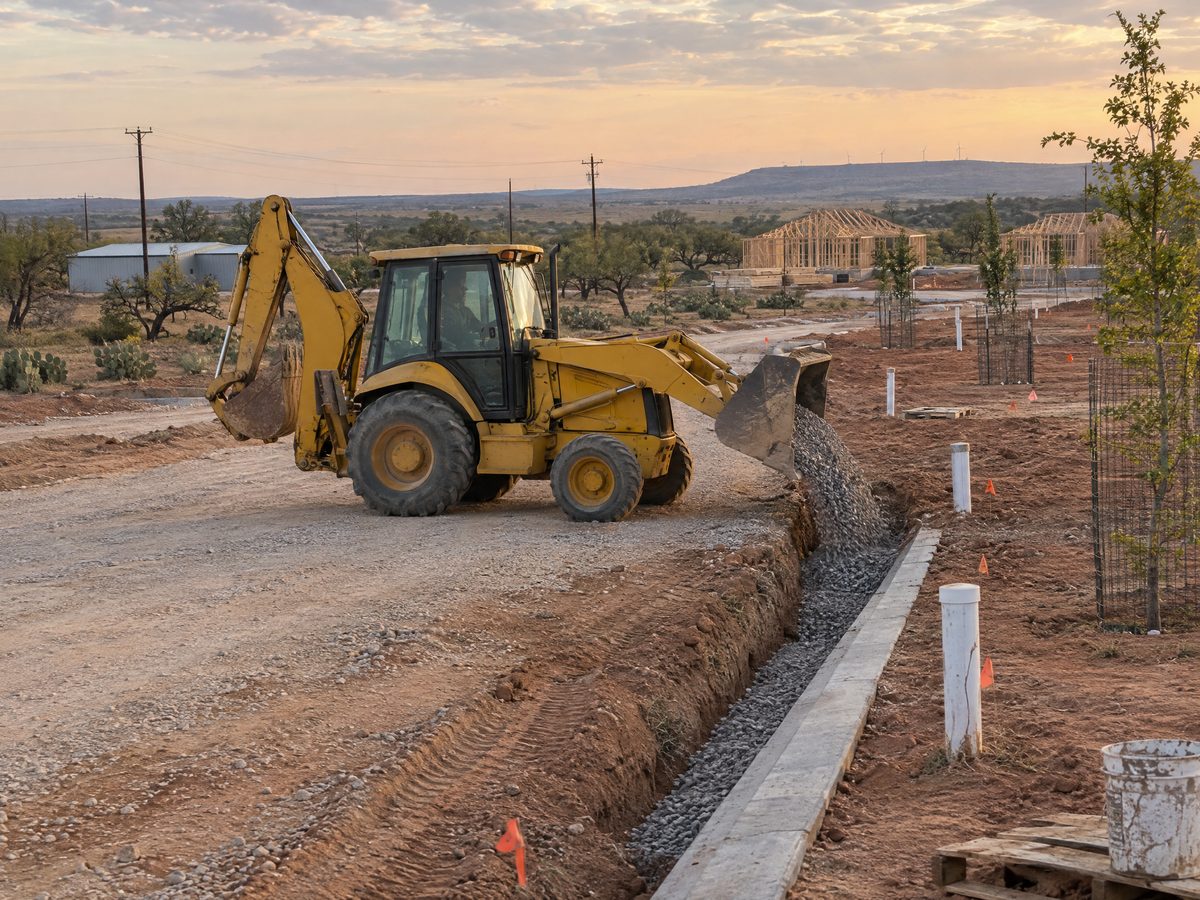 A yellow backhoe loader tips crushed gravel from its front bucket into a utility trench beside a new concrete curb.