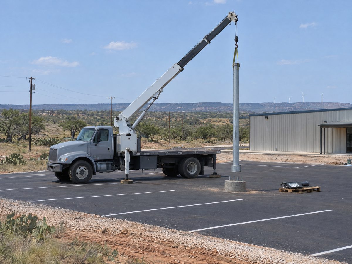 A gray boom truck with its stabilizers down holds a galvanized light pole over a concrete pier in a newly striped parking lot.