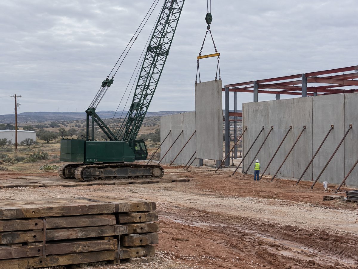 A dark green lattice-boom crawler crane on timber mats swings a tall precast concrete wall panel toward a row of braced panels.