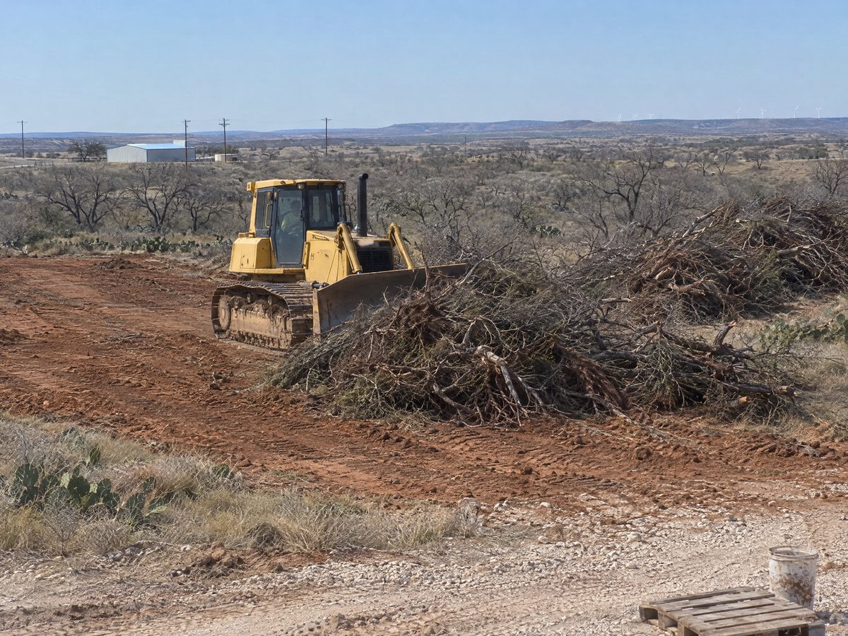 A yellow crawler dozer pushes a pile of uprooted mesquite brush across red sandy ground, with mesquite thicket behind.