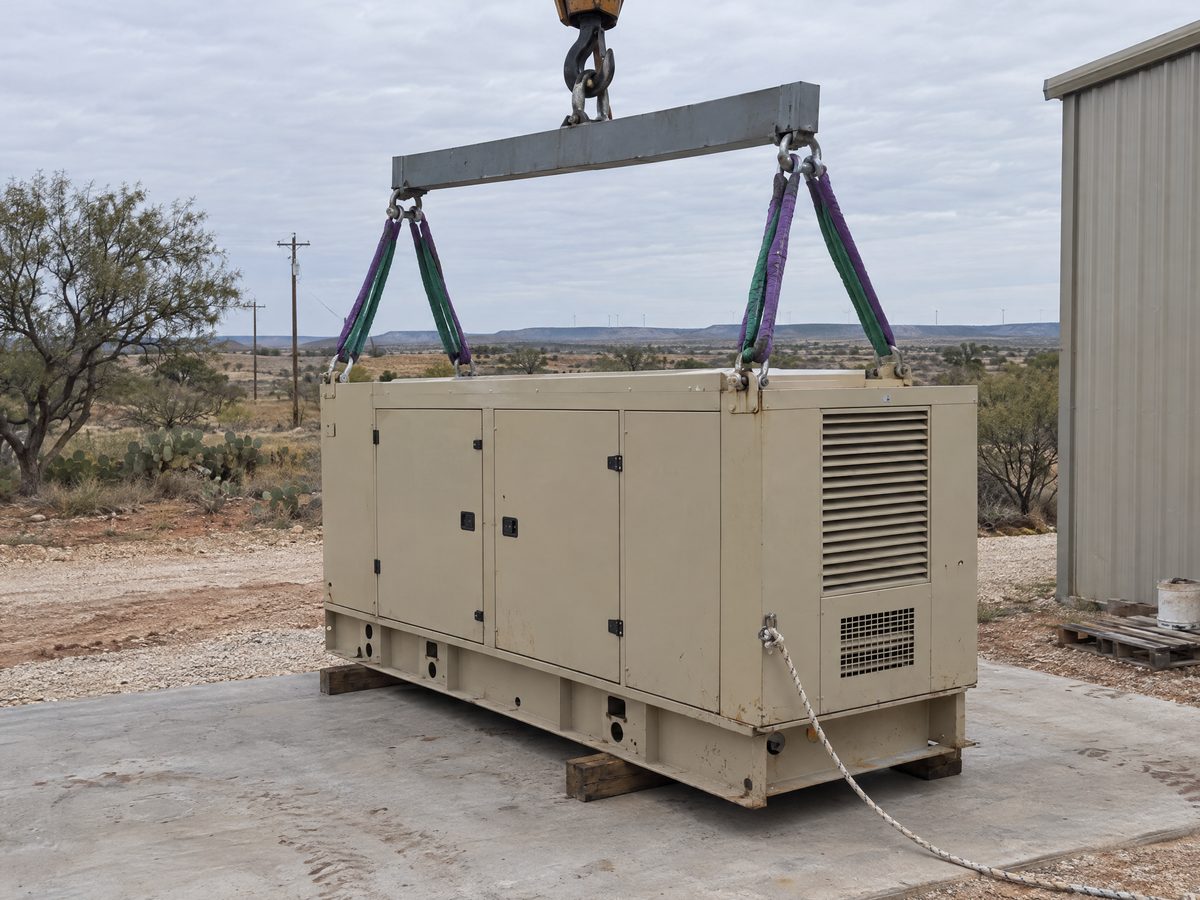 A gray lifting beam on a crane hook, with four purple and green round slings rigged to a beige generator enclosure on timber blocks.