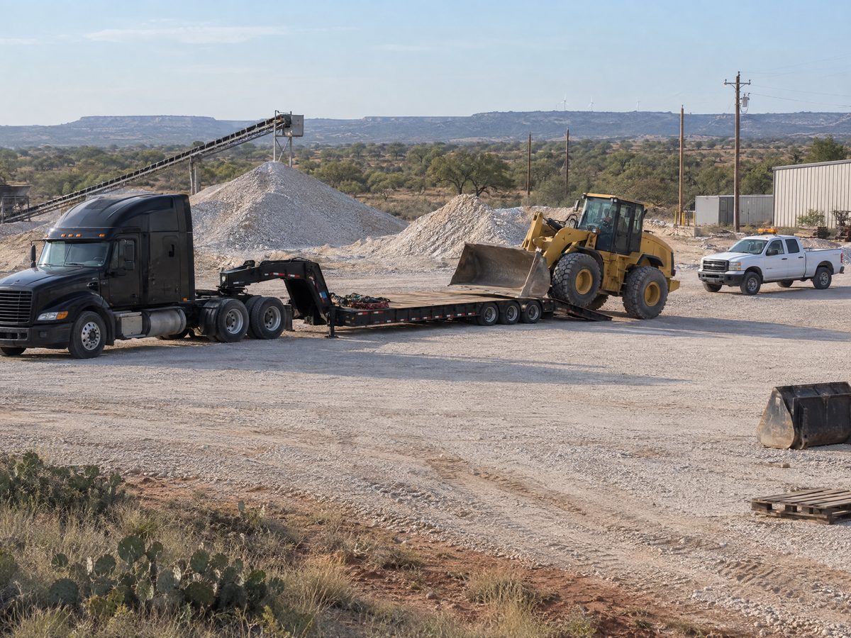 A yellow wheel loader at the tail of a black semi tractor's lowboy trailer in a gravel yard, with stockpiles and a white pickup behind.