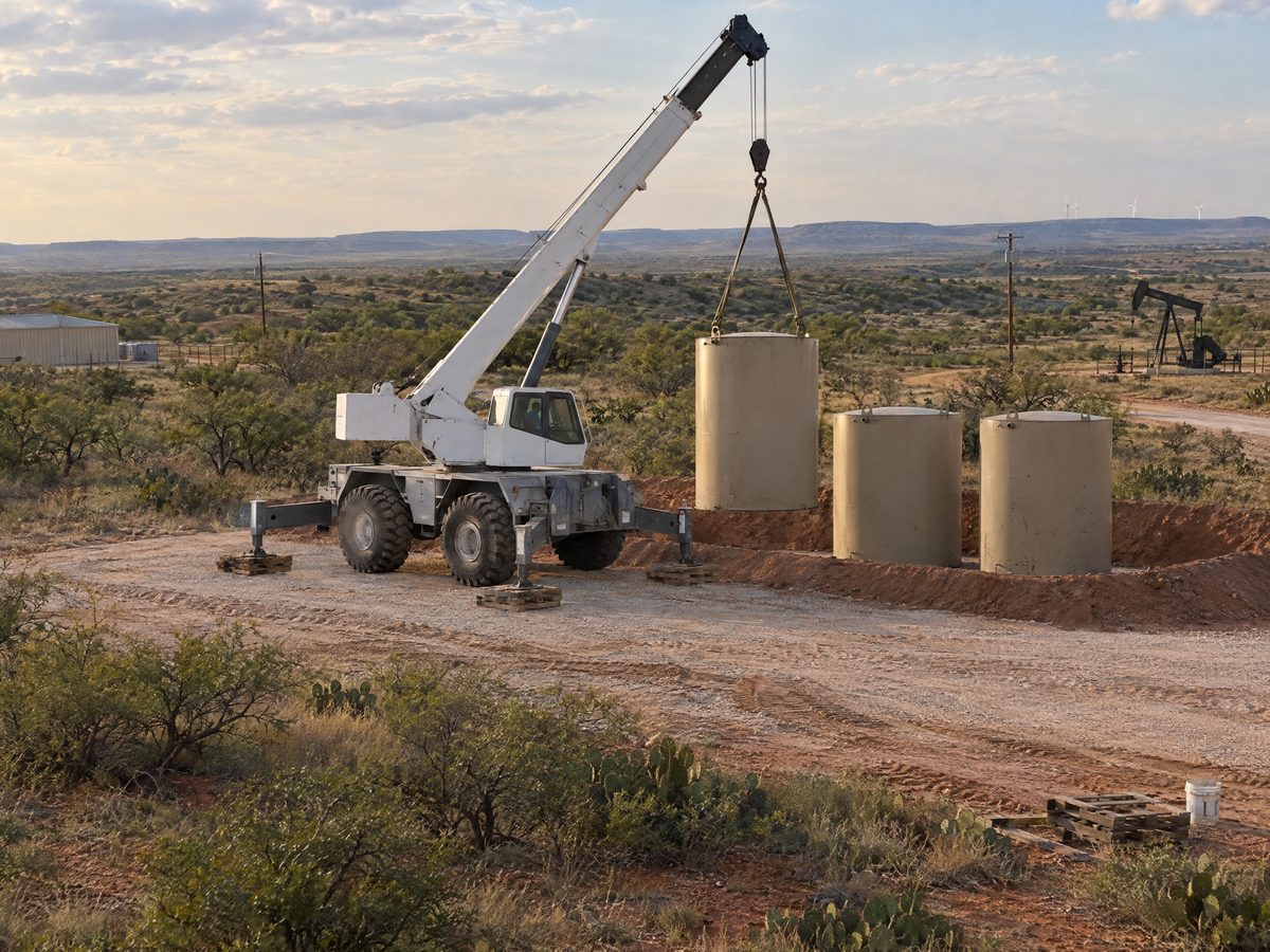 A white rough-terrain crane on timber cribbing sets a tan steel storage tank beside two others in an earthen berm, a pump jack behind.