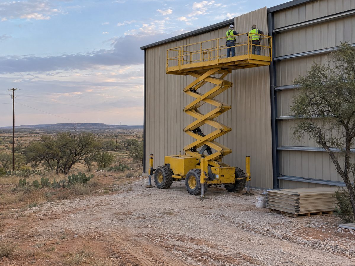A yellow rough-terrain scissor lift on its outriggers holds two workers fastening a tan wall panel to a new metal building.