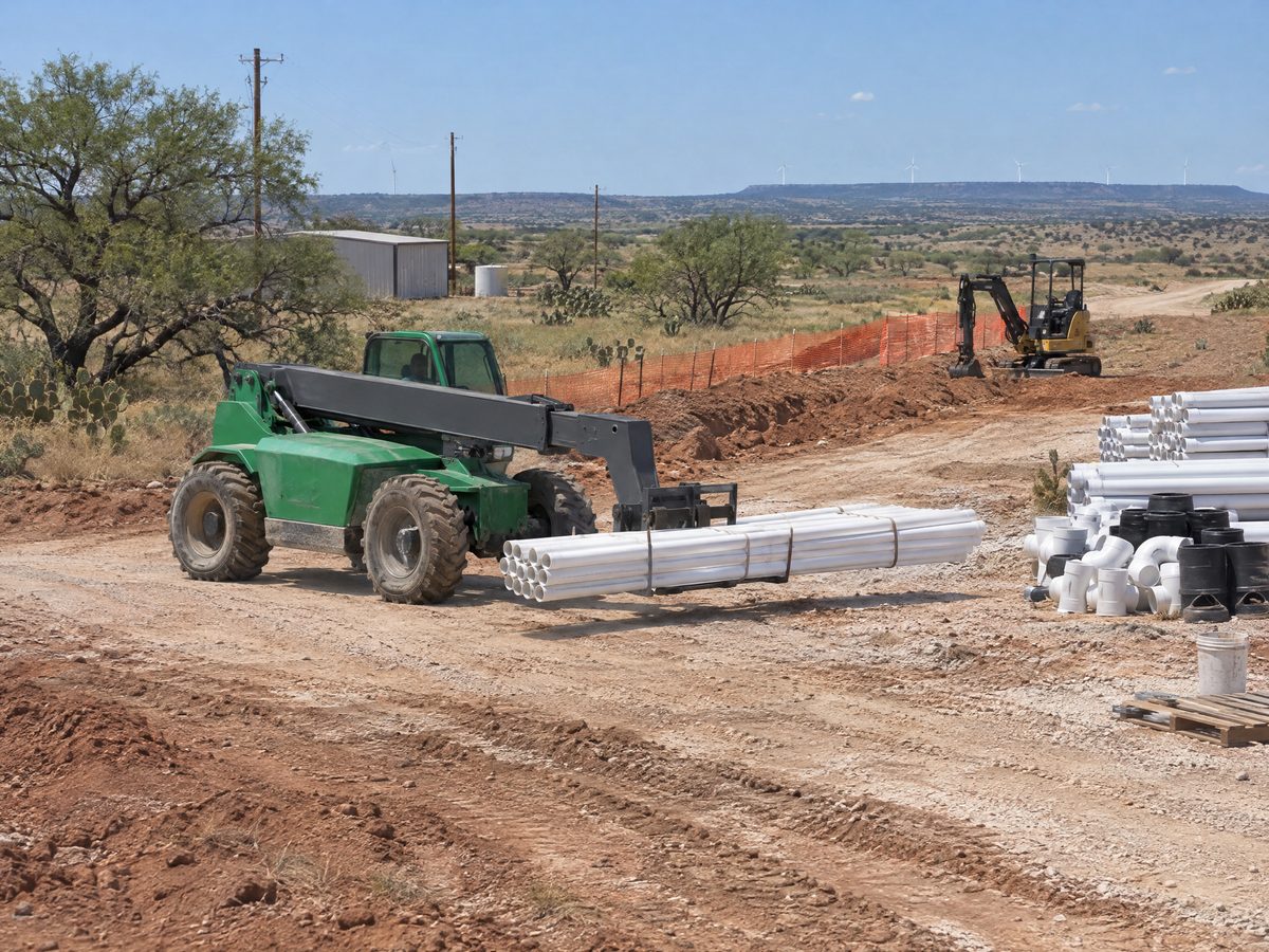 A green telehandler carries a bundle of white plastic pipe across a dirt site toward stacked pipe and fittings.