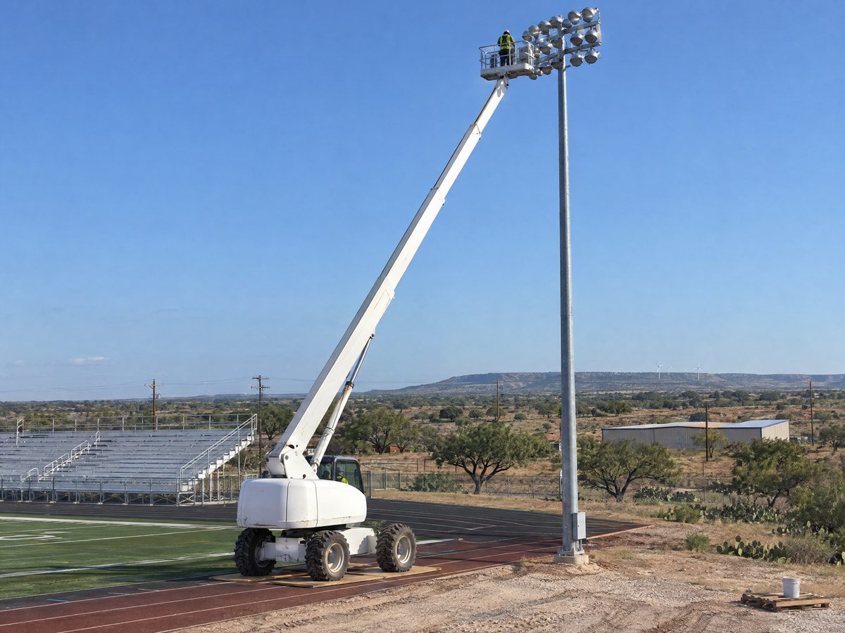 A white telescopic boom lift on plywood pads raises a worker to the fixtures atop a tall steel light pole beside a football field.